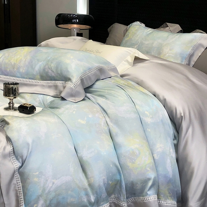 91家纺网 家纺一手货源 找家纺 黑白森林 2026新款轻奢天丝印花四件套 情愫-蓝