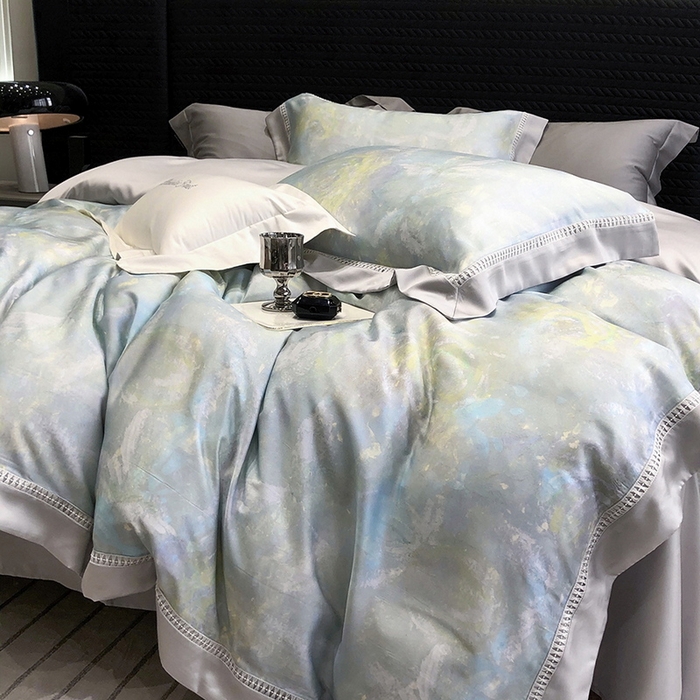 91家纺网 家纺一手货源 找家纺 黑白森林 2026新款轻奢天丝印花四件套 情愫-蓝