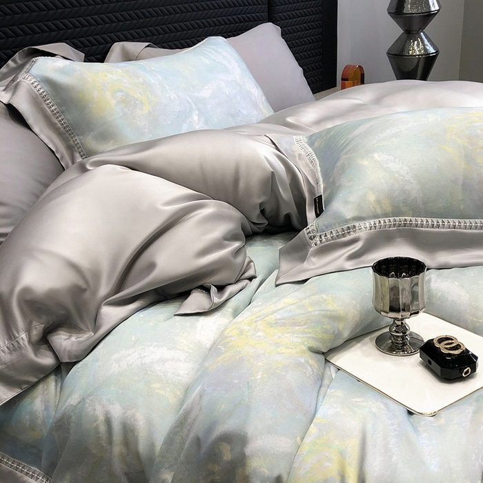 91家纺网 家纺一手货源 找家纺 黑白森林 2026新款轻奢天丝印花四件套 情愫-蓝