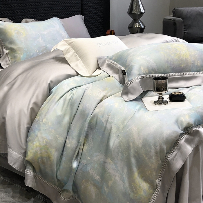 91家纺网 家纺一手货源 找家纺 黑白森林 2026新款轻奢天丝印花四件套 情愫-蓝