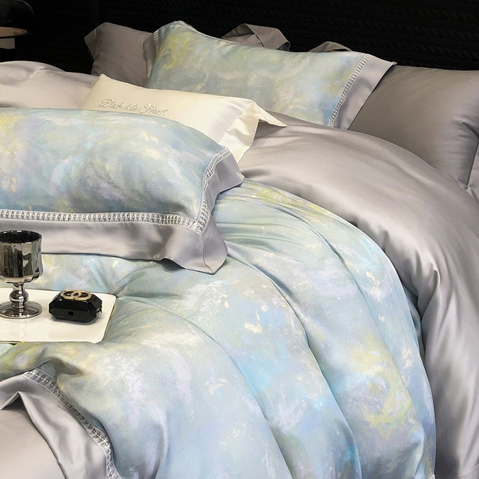 91家纺网 家纺一手货源 找家纺 黑白森林 2026新款轻奢天丝印花四件套 情愫-蓝