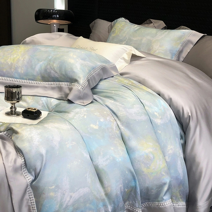 91家纺网 家纺一手货源 找家纺 黑白森林 2026新款轻奢天丝印花四件套 情愫-蓝