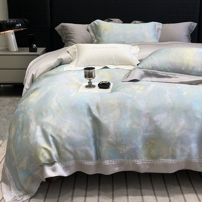 91家纺网 家纺一手货源 找家纺 黑白森林 2026新款轻奢天丝印花四件套 情愫-蓝