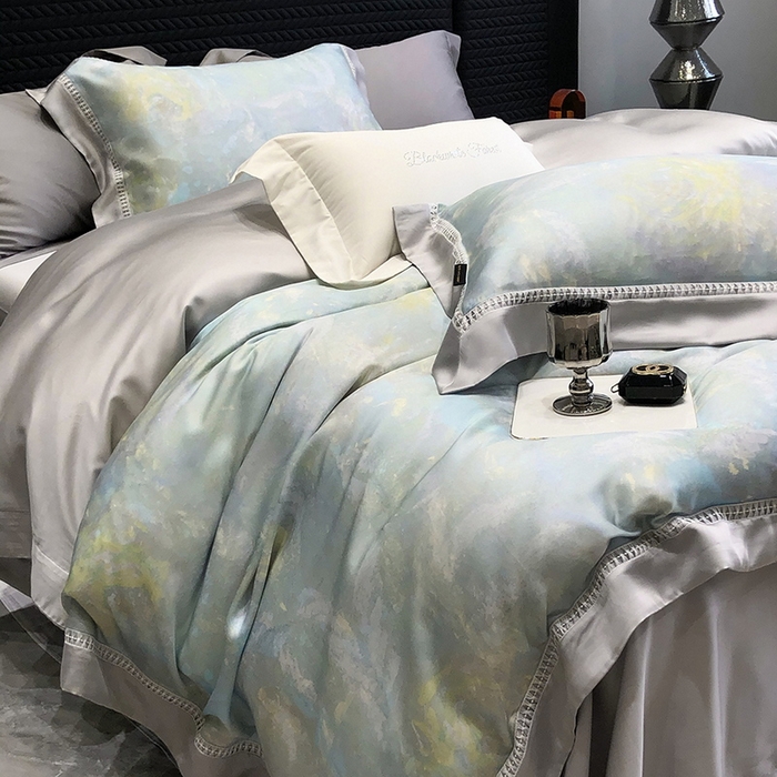 91家纺网 家纺一手货源 找家纺 黑白森林 2026新款轻奢天丝印花四件套 情愫-蓝