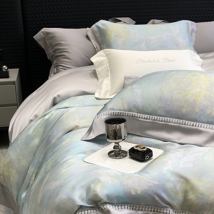 91家纺网 家纺一手货源 找家纺 黑白森林 2026新款轻奢天丝印花四件套 情愫-蓝