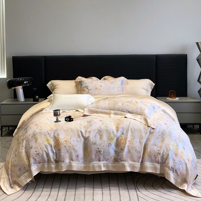 91家纺网 家纺一手货源 找家纺 黑白森林 2026新款轻奢天丝印花四件套 如愿