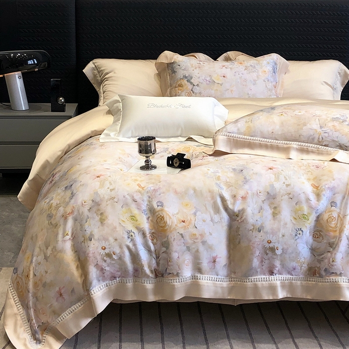 91家纺网 家纺一手货源 找家纺 黑白森林 2026新款轻奢天丝印花四件套 如愿