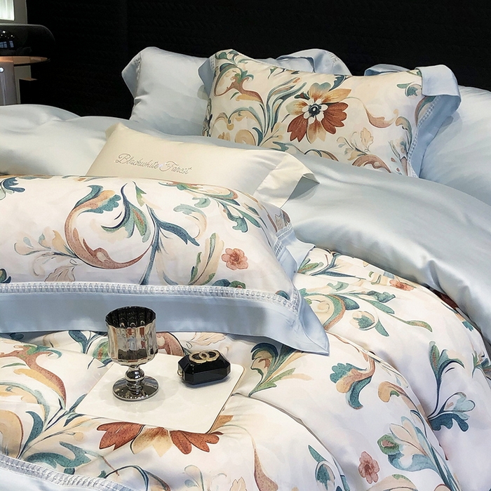 91家纺网 家纺一手货源 找家纺 黑白森林 2026新款轻奢天丝印花四件套 薇尔-蓝