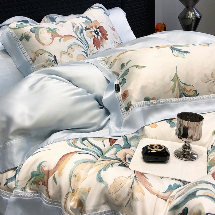 91家纺网 家纺一手货源 找家纺 黑白森林 2026新款轻奢天丝印花四件套 薇尔-蓝