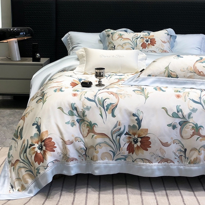 91家纺网 家纺一手货源 找家纺 黑白森林 2026新款轻奢天丝印花四件套 薇尔-蓝