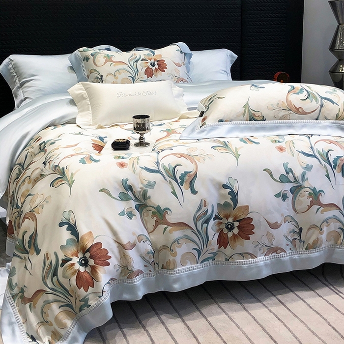 91家纺网 家纺一手货源 找家纺 黑白森林 2026新款轻奢天丝印花四件套 薇尔-蓝