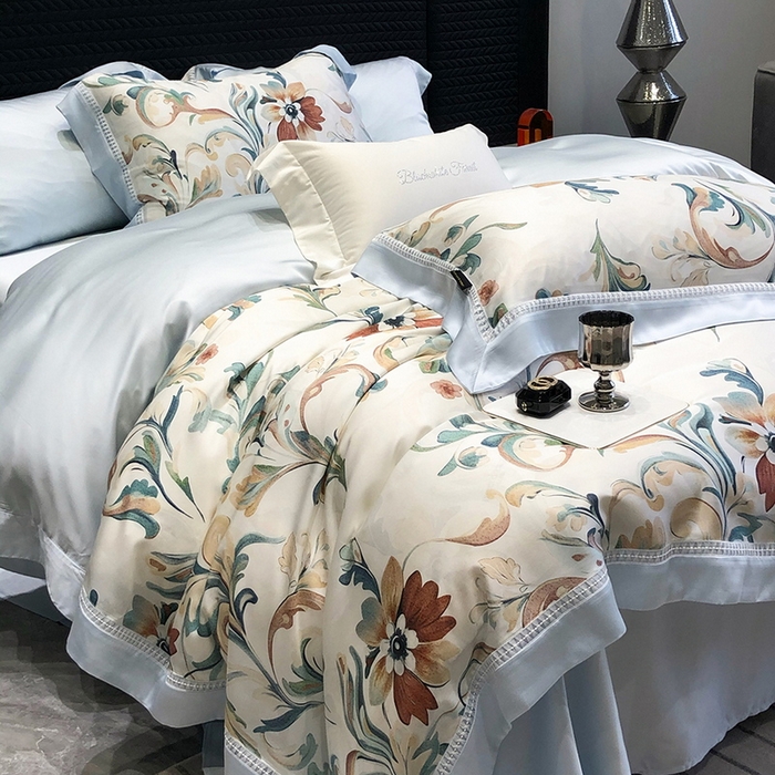 91家纺网 家纺一手货源 找家纺 黑白森林 2026新款轻奢天丝印花四件套 薇尔-蓝