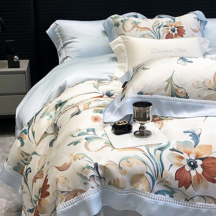 91家纺网 家纺一手货源 找家纺 黑白森林 2026新款轻奢天丝印花四件套 薇尔-蓝