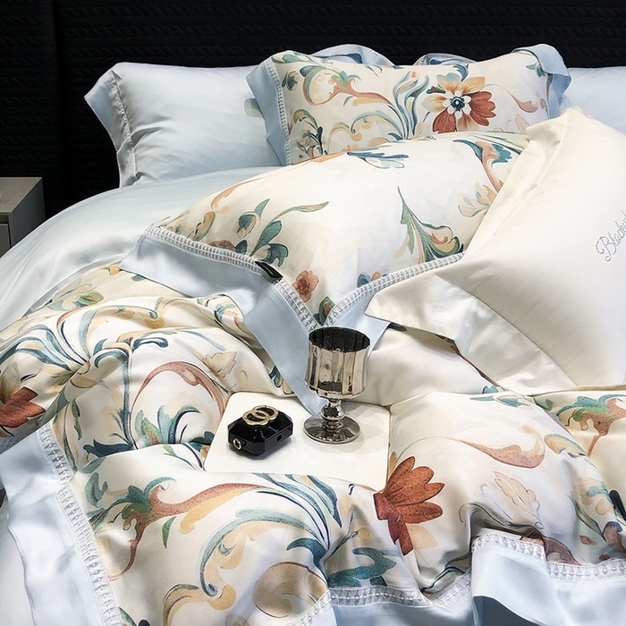 91家纺网 家纺一手货源 找家纺 黑白森林 2026新款轻奢天丝印花四件套 薇尔-蓝