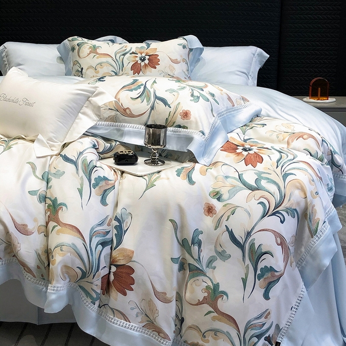 91家纺网 家纺一手货源 找家纺 黑白森林 2026新款轻奢天丝印花四件套 薇尔-蓝