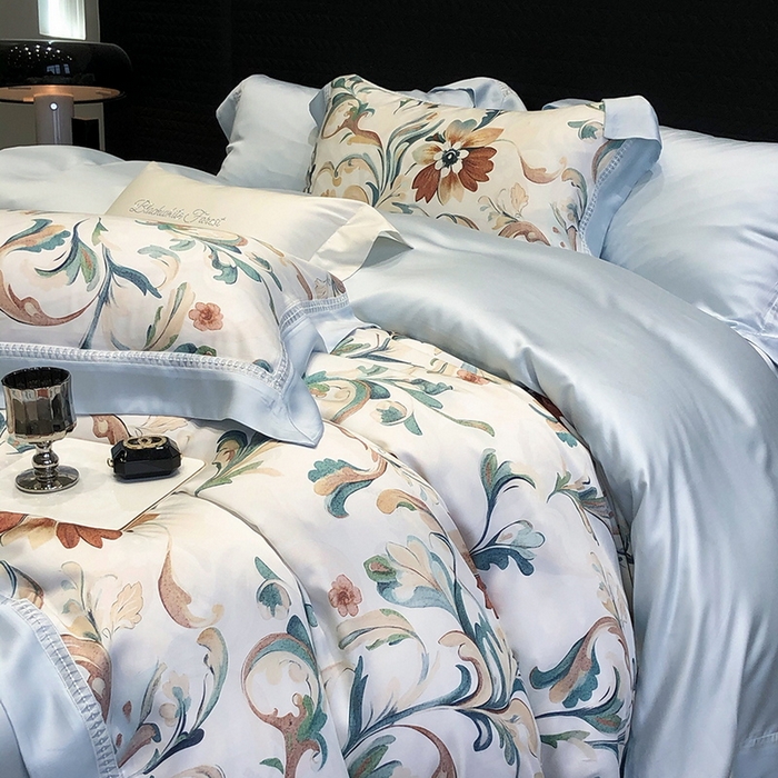 91家纺网 家纺一手货源 找家纺 黑白森林 2026新款轻奢天丝印花四件套 薇尔-蓝