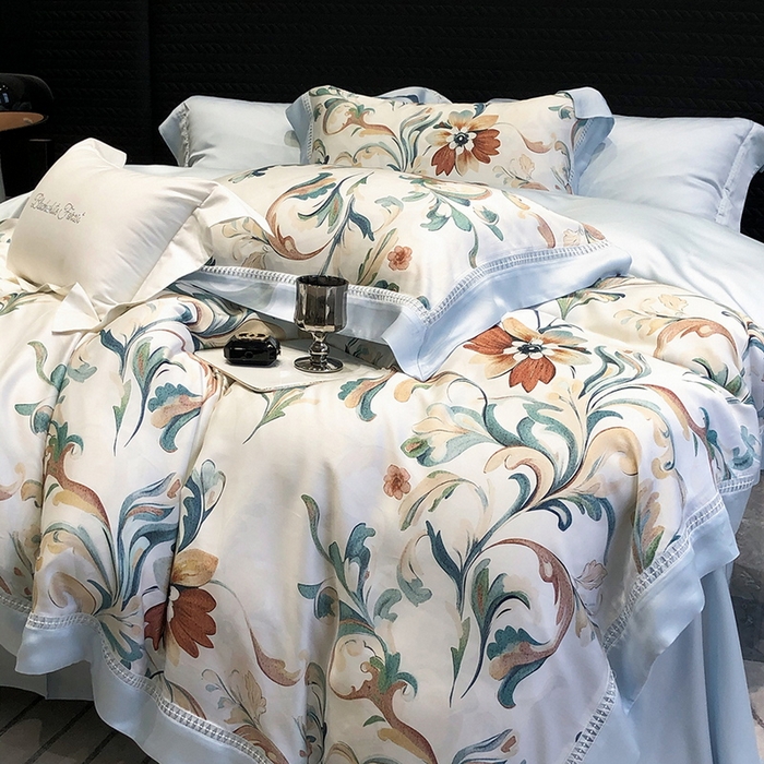 91家纺网 家纺一手货源 找家纺 黑白森林 2026新款轻奢天丝印花四件套 薇尔-蓝