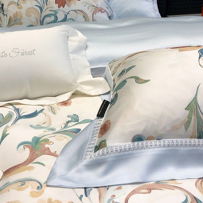 91家纺网 家纺一手货源 找家纺 黑白森林 2026新款轻奢天丝印花四件套 薇尔-蓝