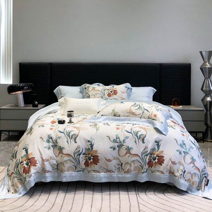 91家纺网 家纺一手货源 找家纺 黑白森林 2026新款轻奢天丝印花四件套 薇尔-蓝