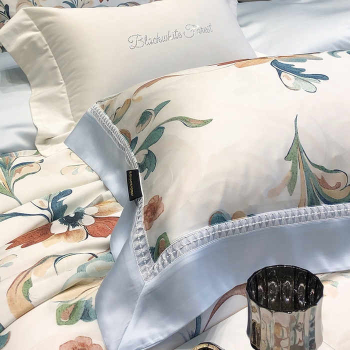 91家纺网 家纺一手货源 找家纺 黑白森林 2026新款轻奢天丝印花四件套 薇尔-蓝