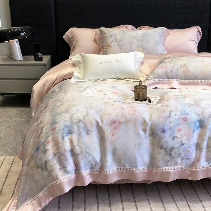 91家纺网 家纺一手货源 找家纺 黑白森林 2026新款轻奢天丝印花四件套 薇宁