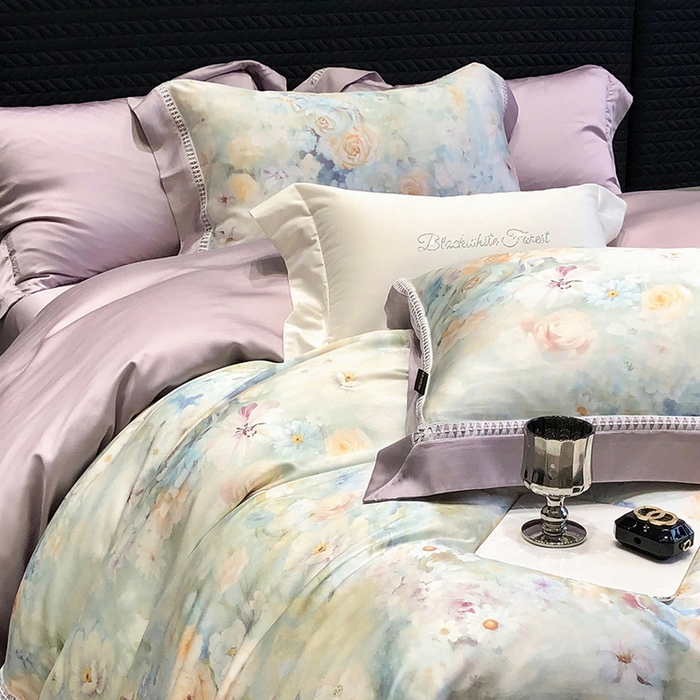 91家纺网 家纺一手货源 找家纺 黑白森林 2026新款轻奢天丝印花四件套 紫嫣