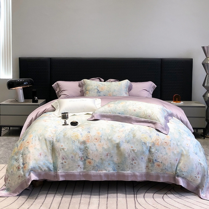 91家纺网 家纺一手货源 找家纺 黑白森林 2026新款轻奢天丝印花四件套 紫嫣