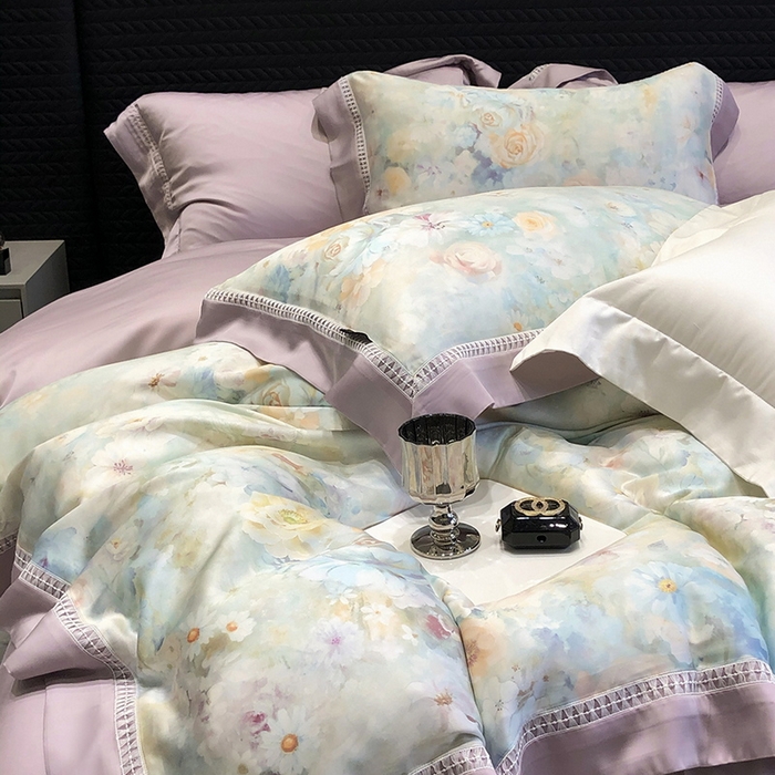 91家纺网 家纺一手货源 找家纺 黑白森林 2026新款轻奢天丝印花四件套 紫嫣