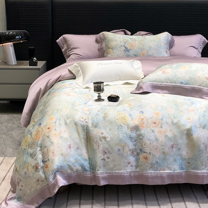 91家纺网 家纺一手货源 找家纺 黑白森林 2026新款轻奢天丝印花四件套 紫嫣