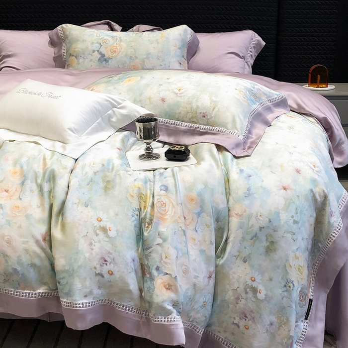 91家纺网 家纺一手货源 找家纺 黑白森林 2026新款轻奢天丝印花四件套 紫嫣