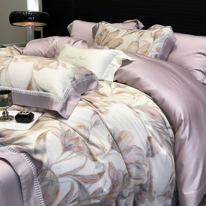 91家纺网 家纺一手货源 找家纺 黑白森林 2026新款轻奢天丝印花四件套 未央-紫