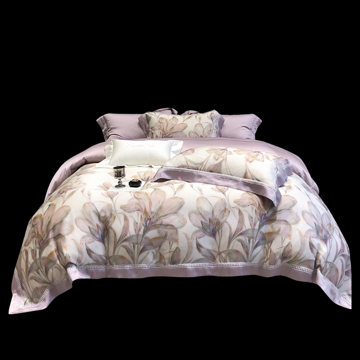 91家纺网 家纺一手货源 找家纺 黑白森林 2026新款轻奢天丝印花四件套 未央-紫