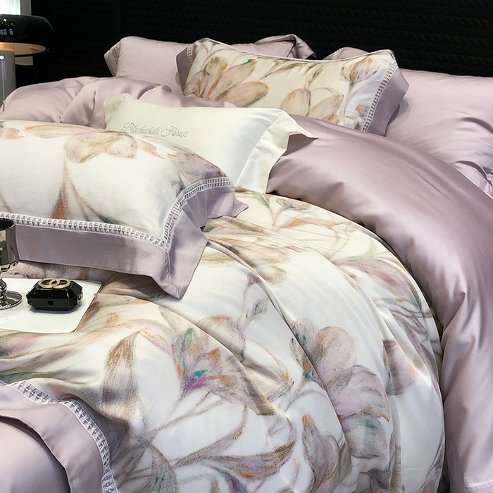 91家纺网 家纺一手货源 找家纺 黑白森林 2026新款轻奢天丝印花四件套 未央-紫