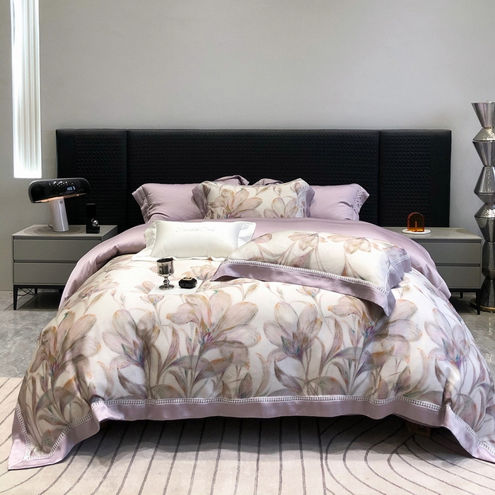 91家纺网 家纺一手货源 找家纺 黑白森林 2026新款轻奢天丝印花四件套 未央-紫