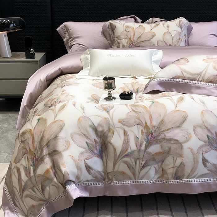 91家纺网 家纺一手货源 找家纺 黑白森林 2026新款轻奢天丝印花四件套 未央-紫