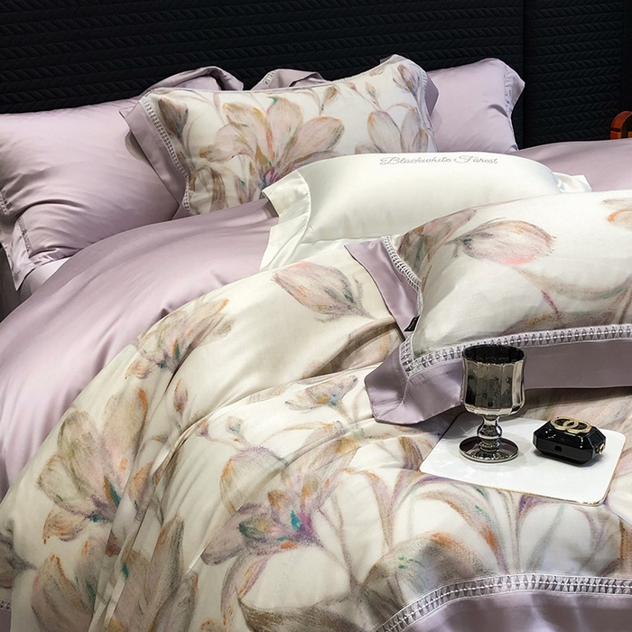 91家纺网 家纺一手货源 找家纺 黑白森林 2026新款轻奢天丝印花四件套 未央-紫