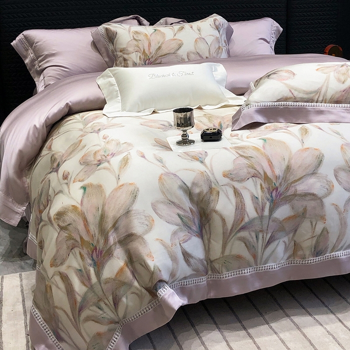 91家纺网 家纺一手货源 找家纺 黑白森林 2026新款轻奢天丝印花四件套 未央-紫