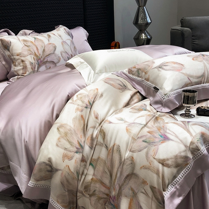 91家纺网 家纺一手货源 找家纺 黑白森林 2026新款轻奢天丝印花四件套 未央-紫