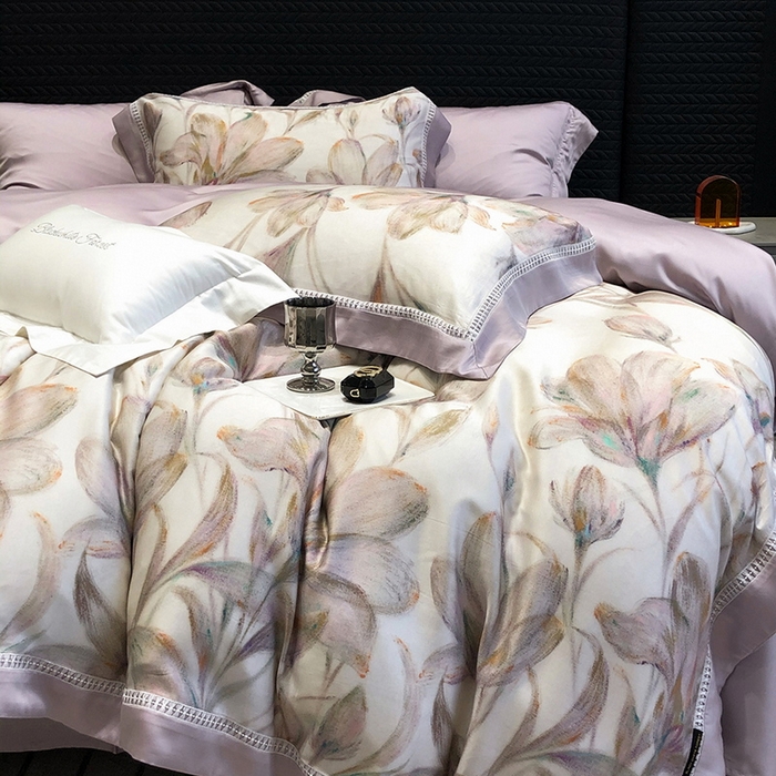 91家纺网 家纺一手货源 找家纺 黑白森林 2026新款轻奢天丝印花四件套 未央-紫