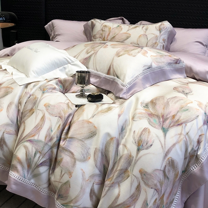 91家纺网 家纺一手货源 找家纺 黑白森林 2026新款轻奢天丝印花四件套 未央-紫