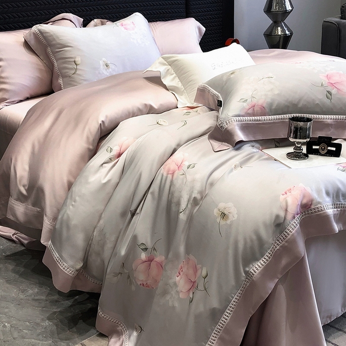 91家纺网 家纺一手货源 找家纺 黑白森林 2026新款轻奢天丝印花四件套 邂逅-灰