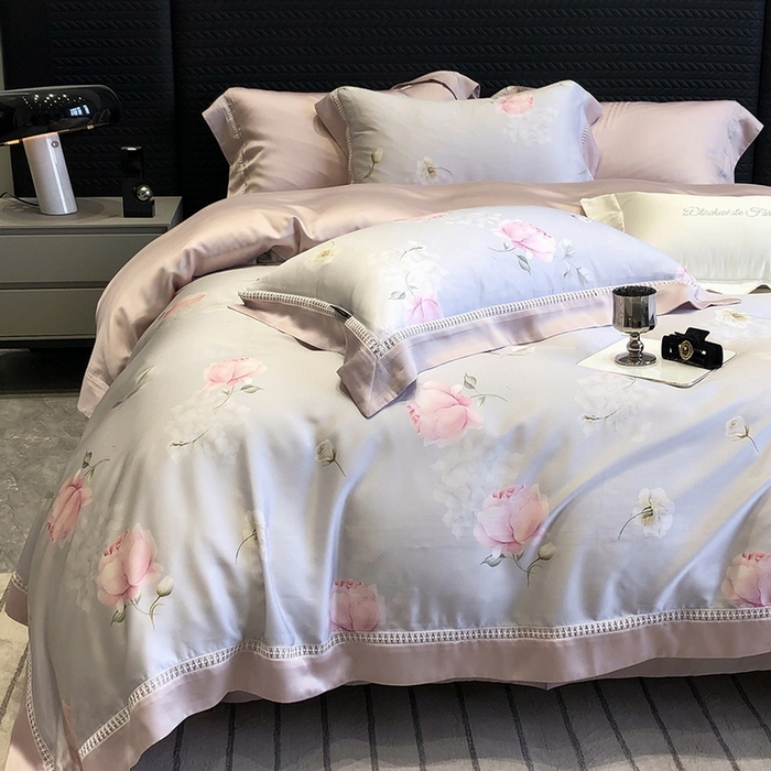 91家纺网 家纺一手货源 找家纺 黑白森林 2026新款轻奢天丝印花四件套 邂逅-灰