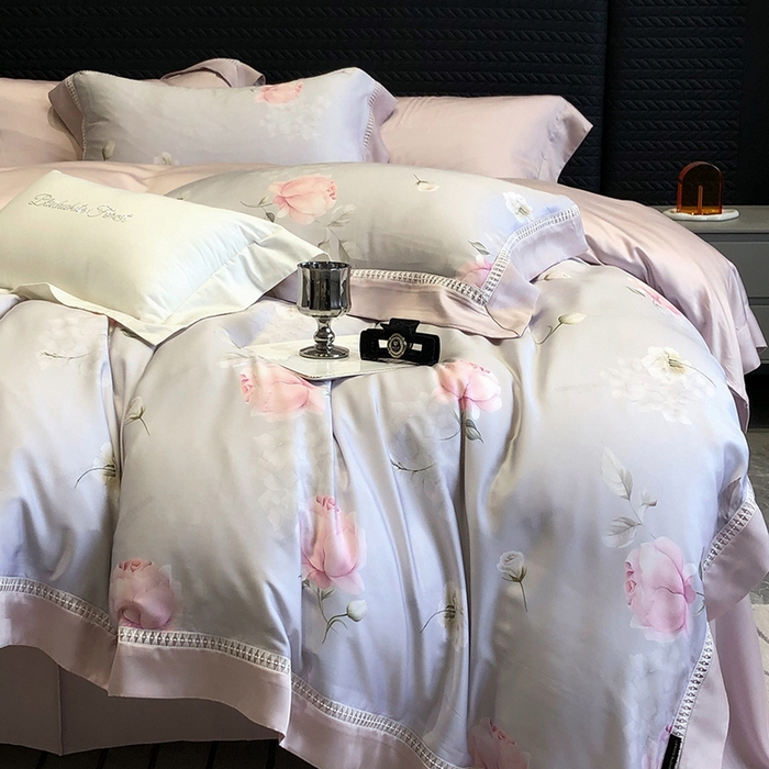 91家纺网 家纺一手货源 找家纺 黑白森林 2026新款轻奢天丝印花四件套 邂逅-灰