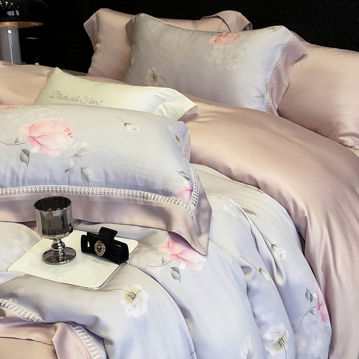 91家纺网 家纺一手货源 找家纺 黑白森林 2026新款轻奢天丝印花四件套 邂逅-灰