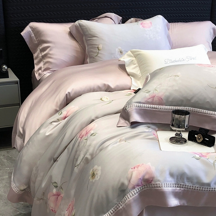 91家纺网 家纺一手货源 找家纺 黑白森林 2026新款轻奢天丝印花四件套 邂逅-灰