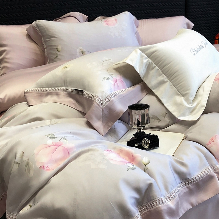 91家纺网 家纺一手货源 找家纺 黑白森林 2026新款轻奢天丝印花四件套 邂逅-灰