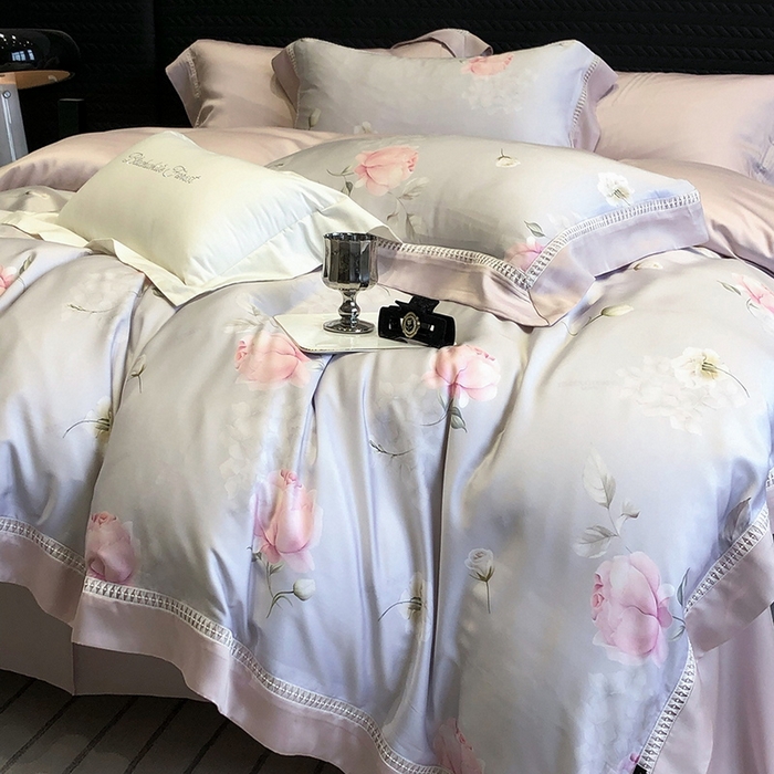 91家纺网 家纺一手货源 找家纺 黑白森林 2026新款轻奢天丝印花四件套 邂逅-灰