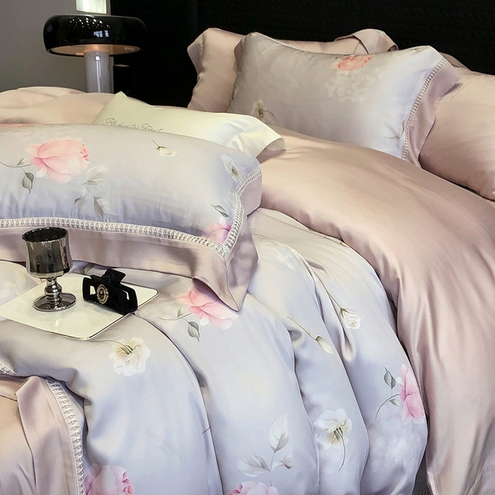 91家纺网 家纺一手货源 找家纺 黑白森林 2026新款轻奢天丝印花四件套 邂逅-灰