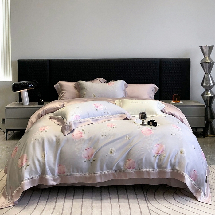 91家纺网 家纺一手货源 找家纺 黑白森林 2026新款轻奢天丝印花四件套 邂逅-灰