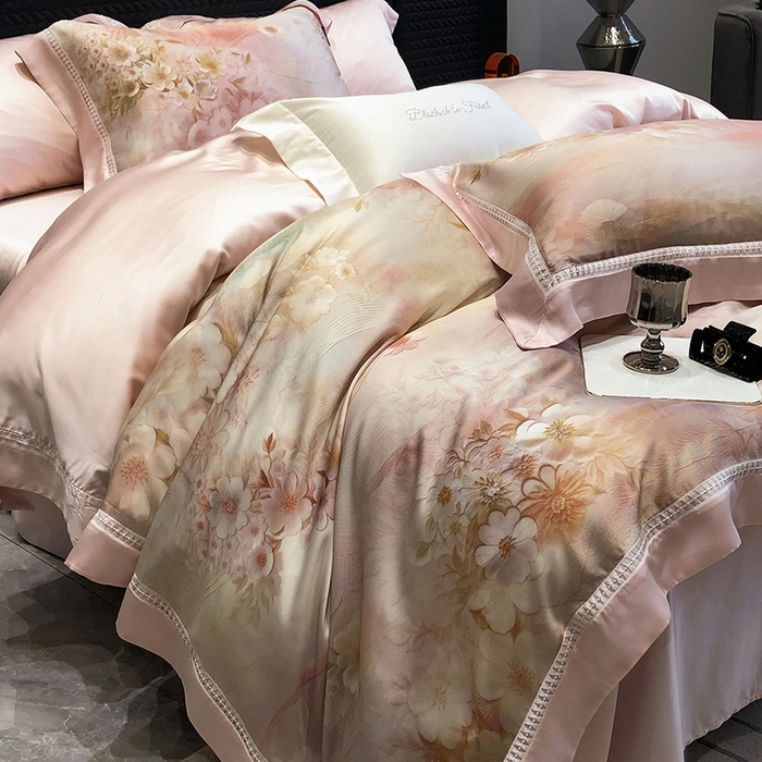 91家纺网 家纺一手货源 找家纺 黑白森林 2026新款轻奢天丝印花四件套 云馥-粉